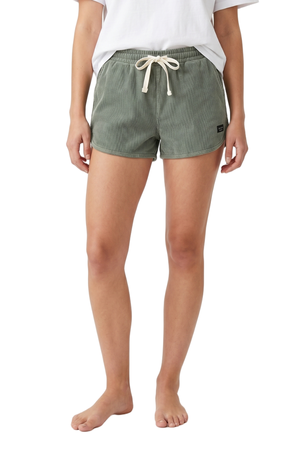 Woman wearing corduroy shorts in sage with a drawstring and BamBooBay logo on a white background