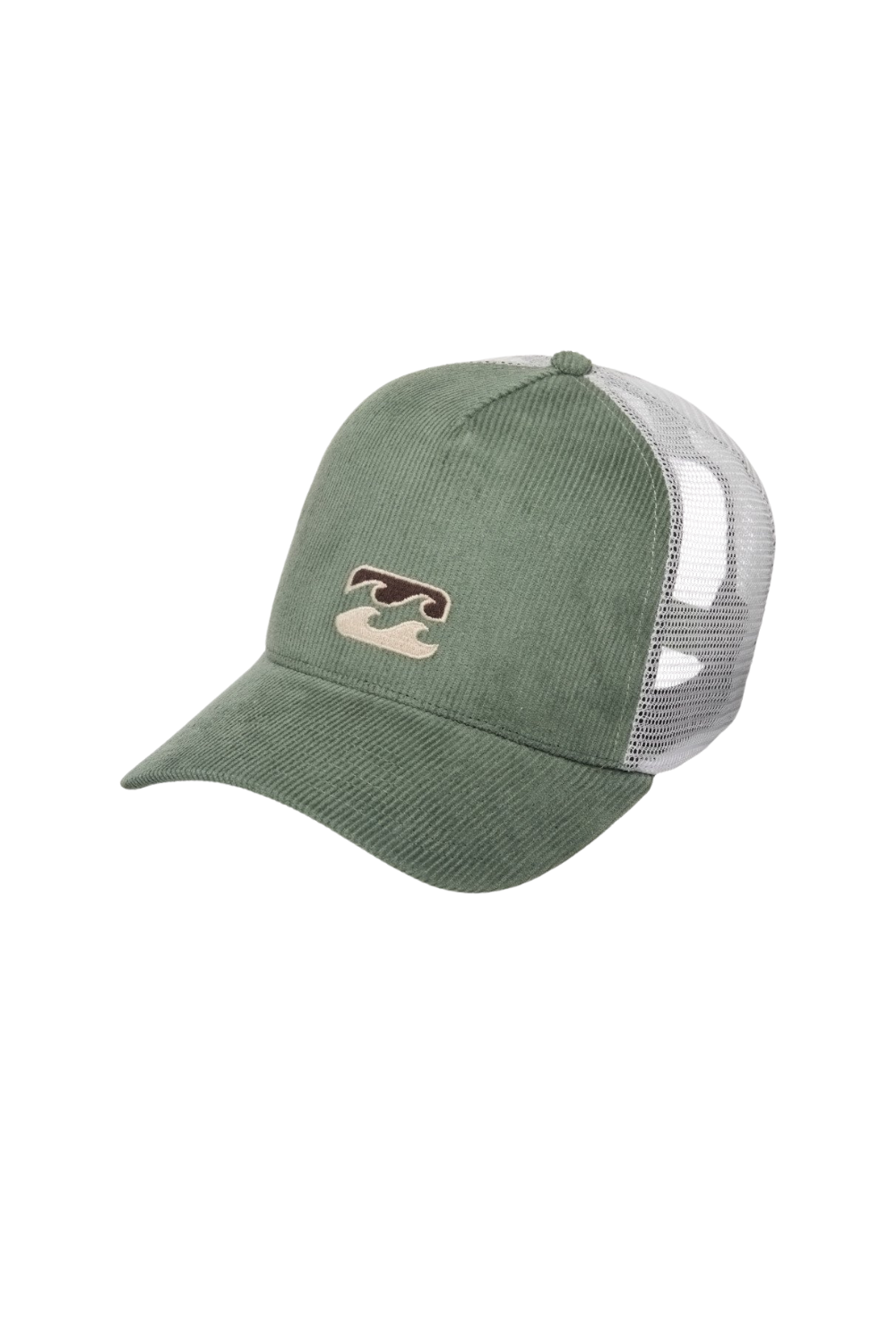An olive green corduroy trucker hat with a white mesh back and a small embroidered wave logo on the front, set against a plain white background.