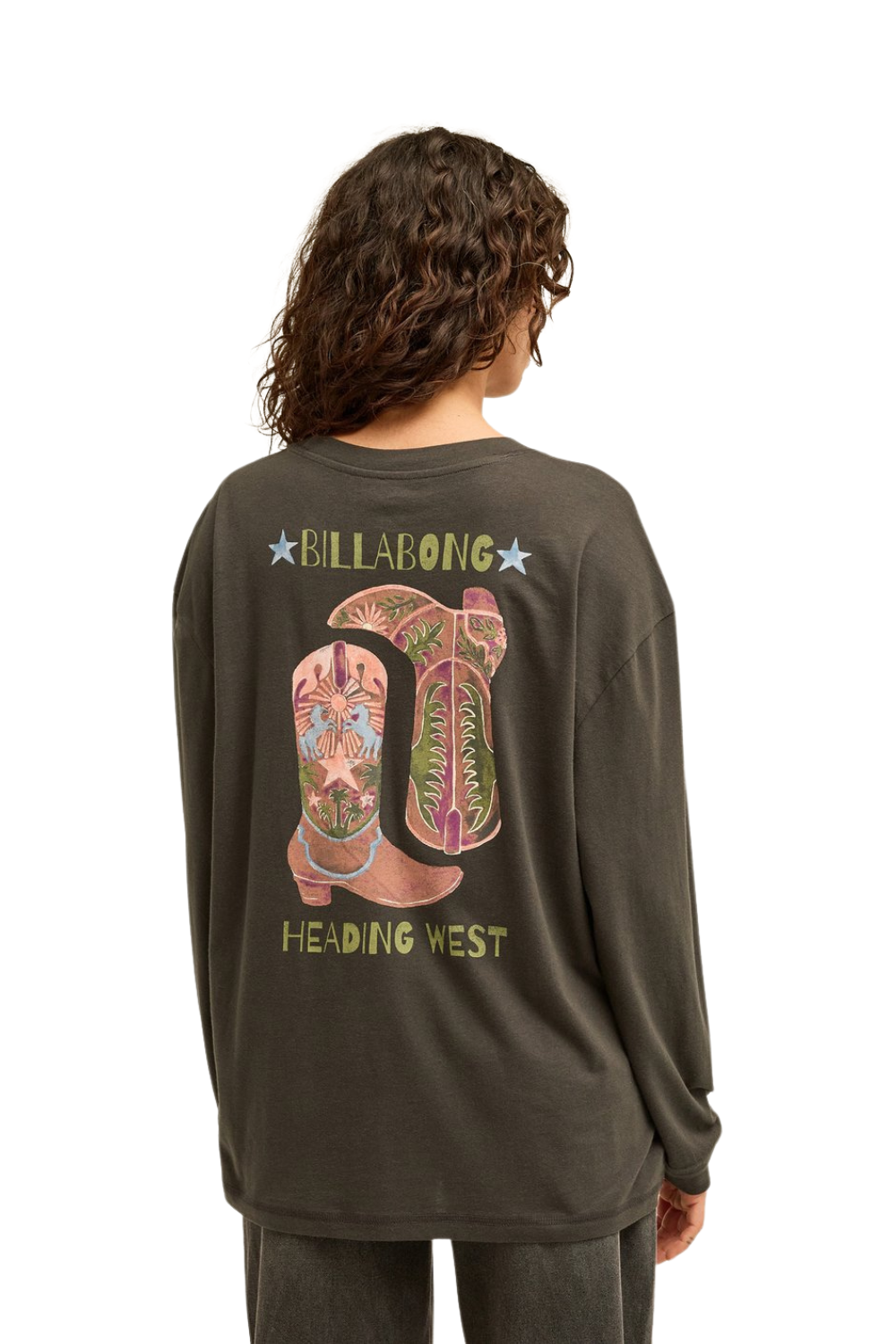 A model from behind wearing a charcoal Billabong long-sleeve t-shirt with a large graphic on the back featuring cowboy boots and the text 'BILLABONG' and ' heading west'.