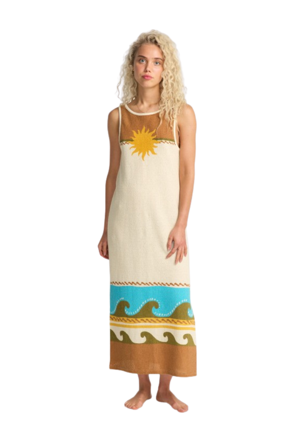 Woman wearing a multicoloured dress with wave and sun pattern