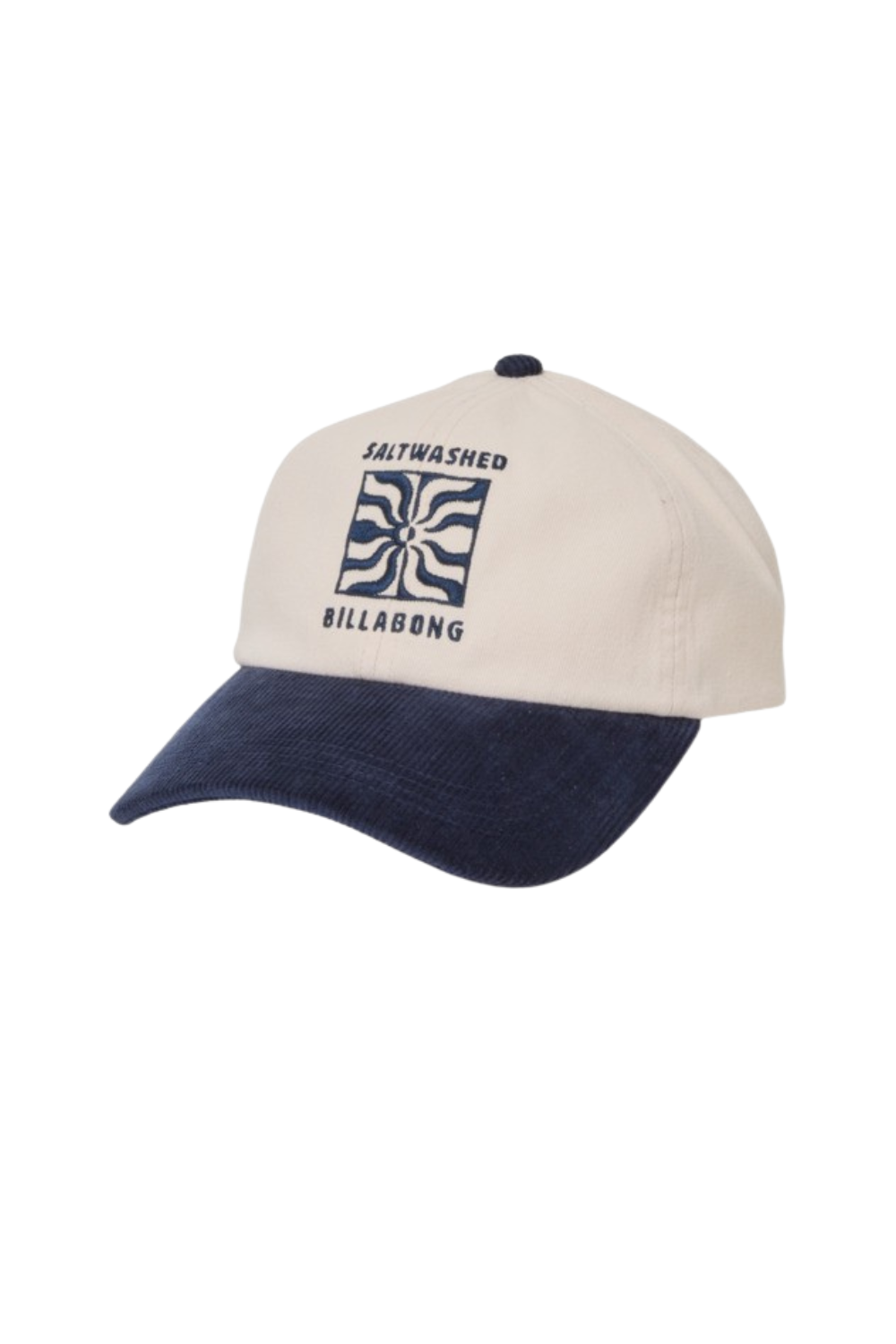 Beige and navy cap with Billabong logo on a white background