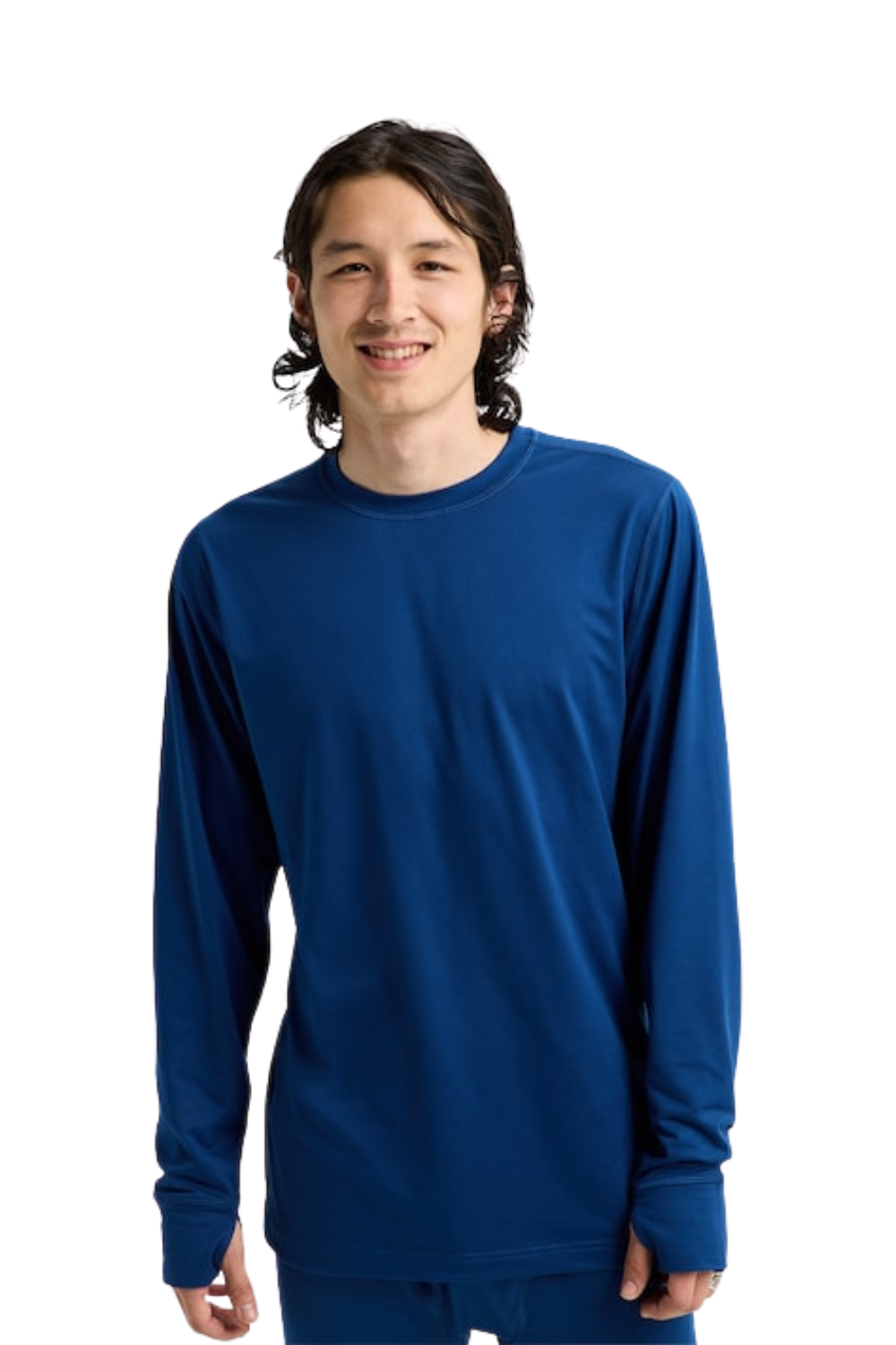 Person wearing a blue long-sleeve thearmal top  on a white background