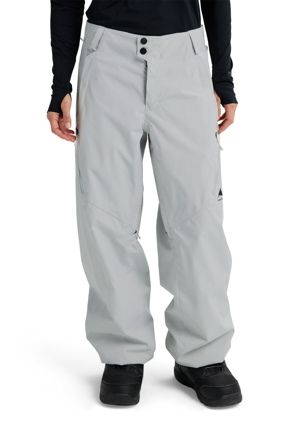 A model wearing a pair of Burton Reserve 2L Womens Relaxed Snowboard Pants in light grey.