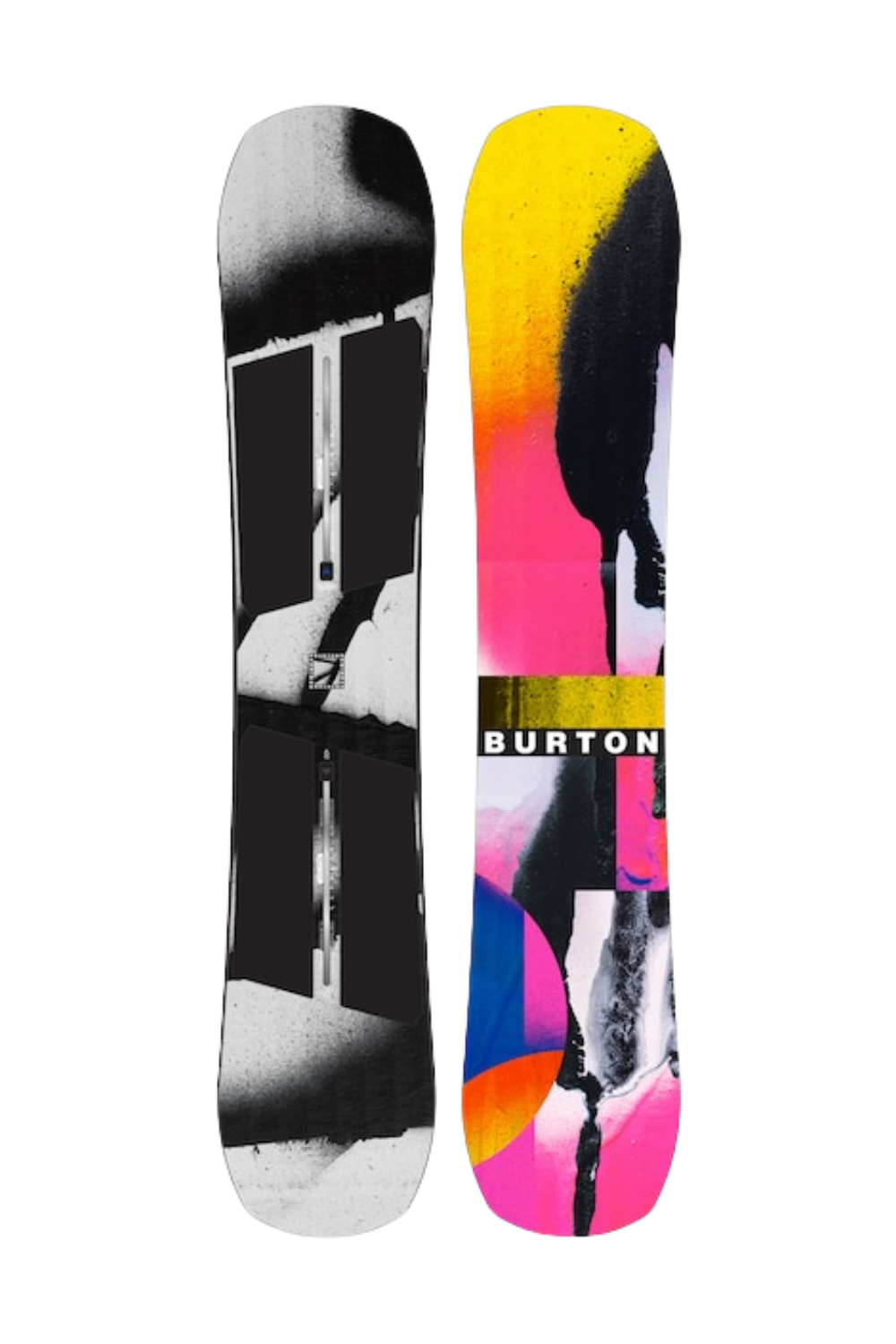 Women's Snowboard  Inspired by punk graffiti in white and black on the top board, multicoloured