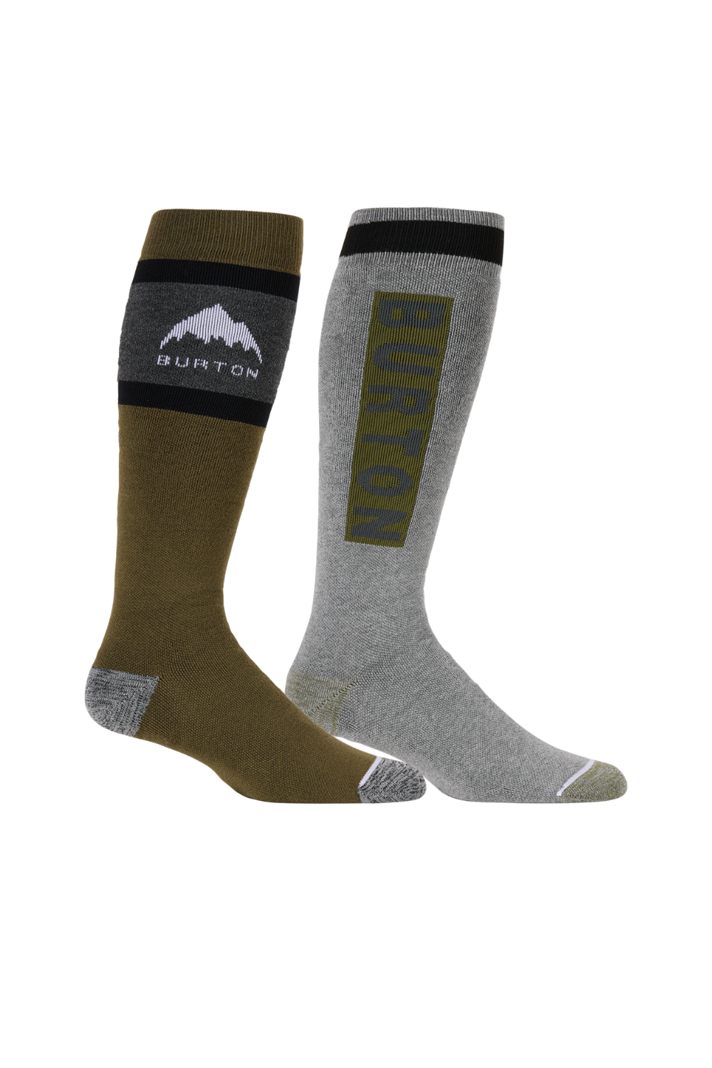 Two Burton knee-high socks displayed side by side on a plain white background. One sock is olive green with a black and gray logo band, and the other is heather gray with a vertical olive green Burton logo.