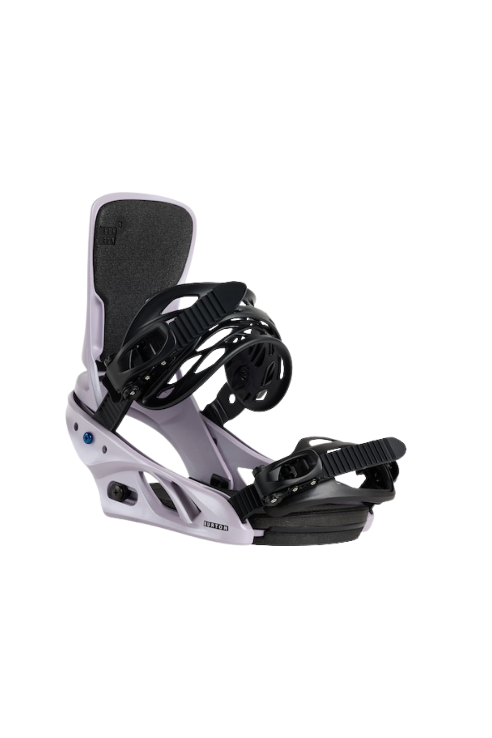 Snowboard binding in light lilac on a white background