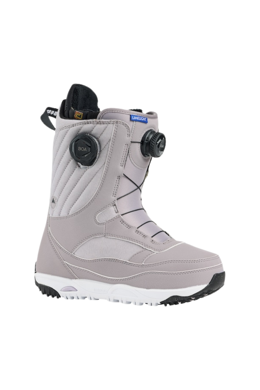 Gray snowboard boot with black accents on a white background