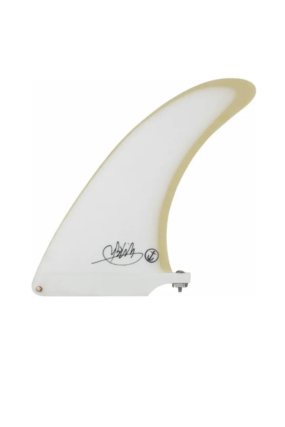 A white surfboard fin with a light tan edge, featuring a black signature logo near the base and a mounting hardware attachment at the bottom right, shown against a plain white background.
