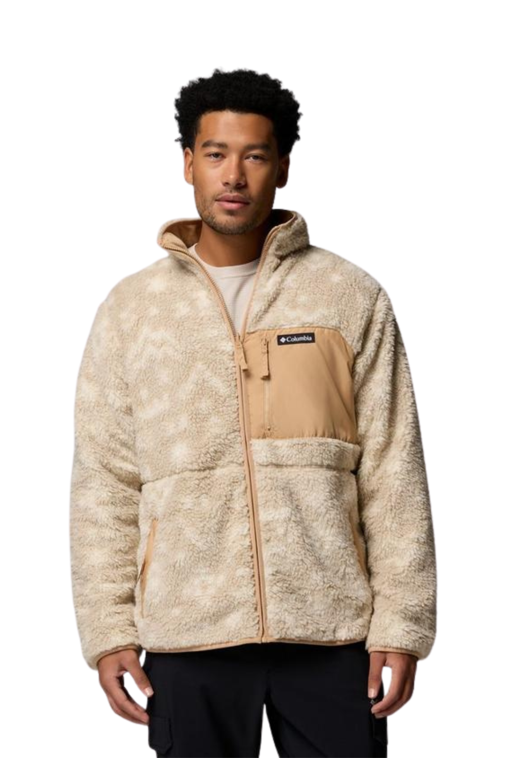 Man wearing a beige fleece jacket with a brand logo on a white background