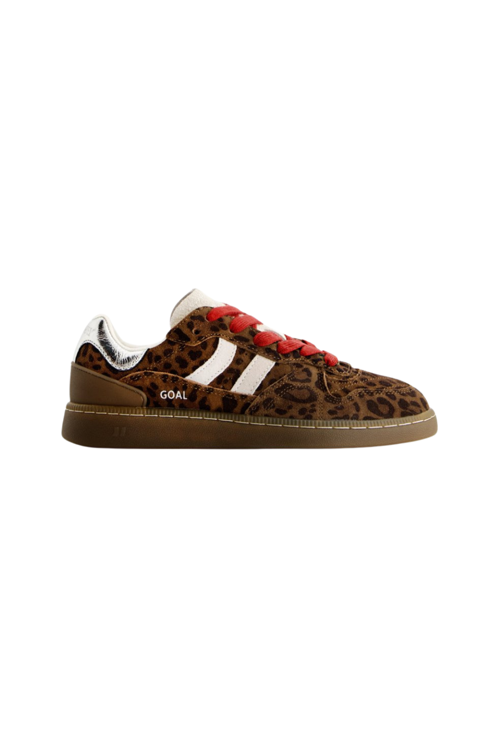 A Coolway Womens sneaker in leopard print with red laces on a white background