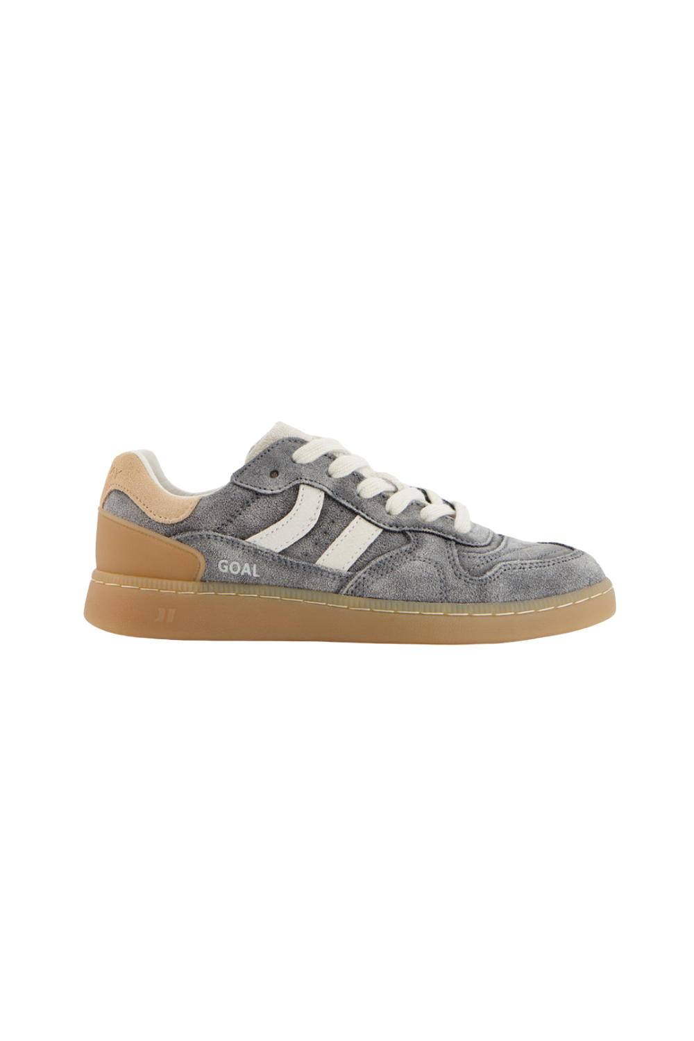 A low-top Coolway womens sneaker in gray suede with off-white stripes, white laces, a tan heel tab, and a gum sole.  'GOAL' iogo printed on the side.