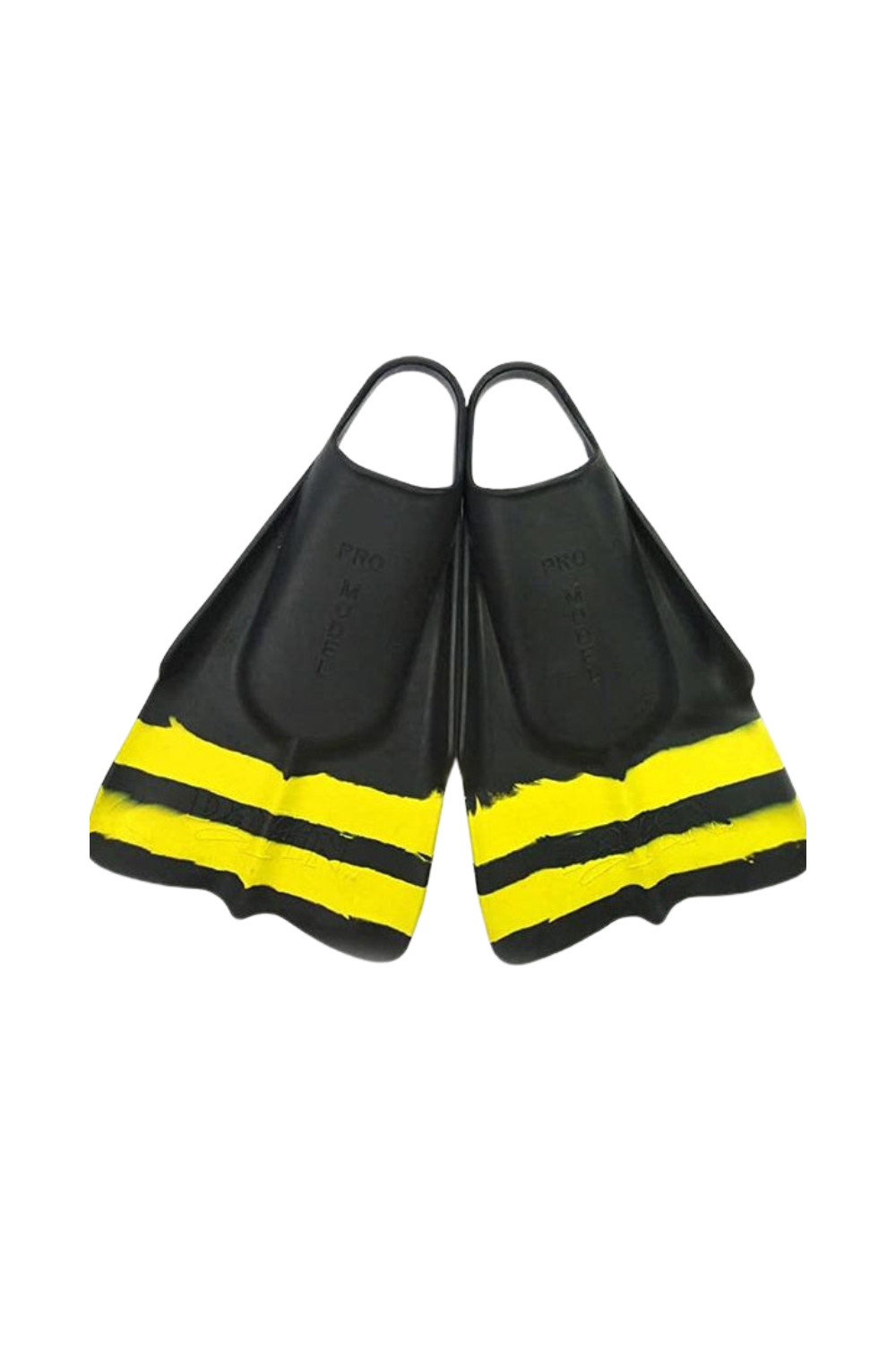 Black and yellow swim fins on a white background