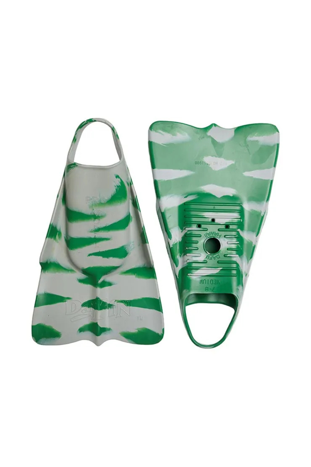 Green and white camouflage swim fins on a white background