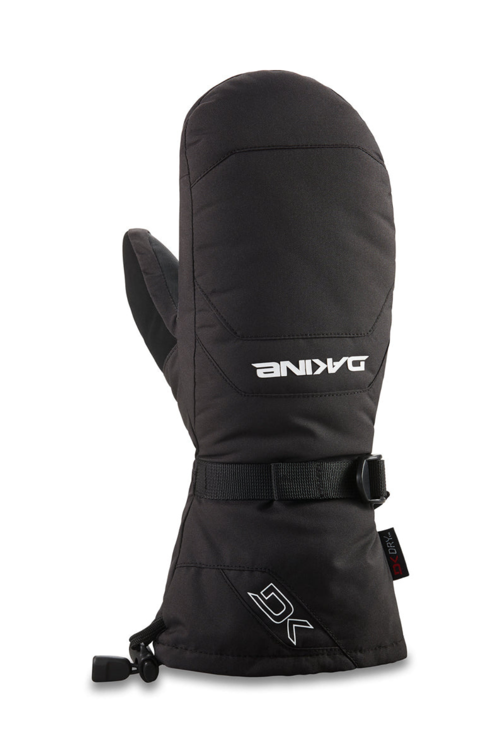 Black ski mittens with brand logo on a white background