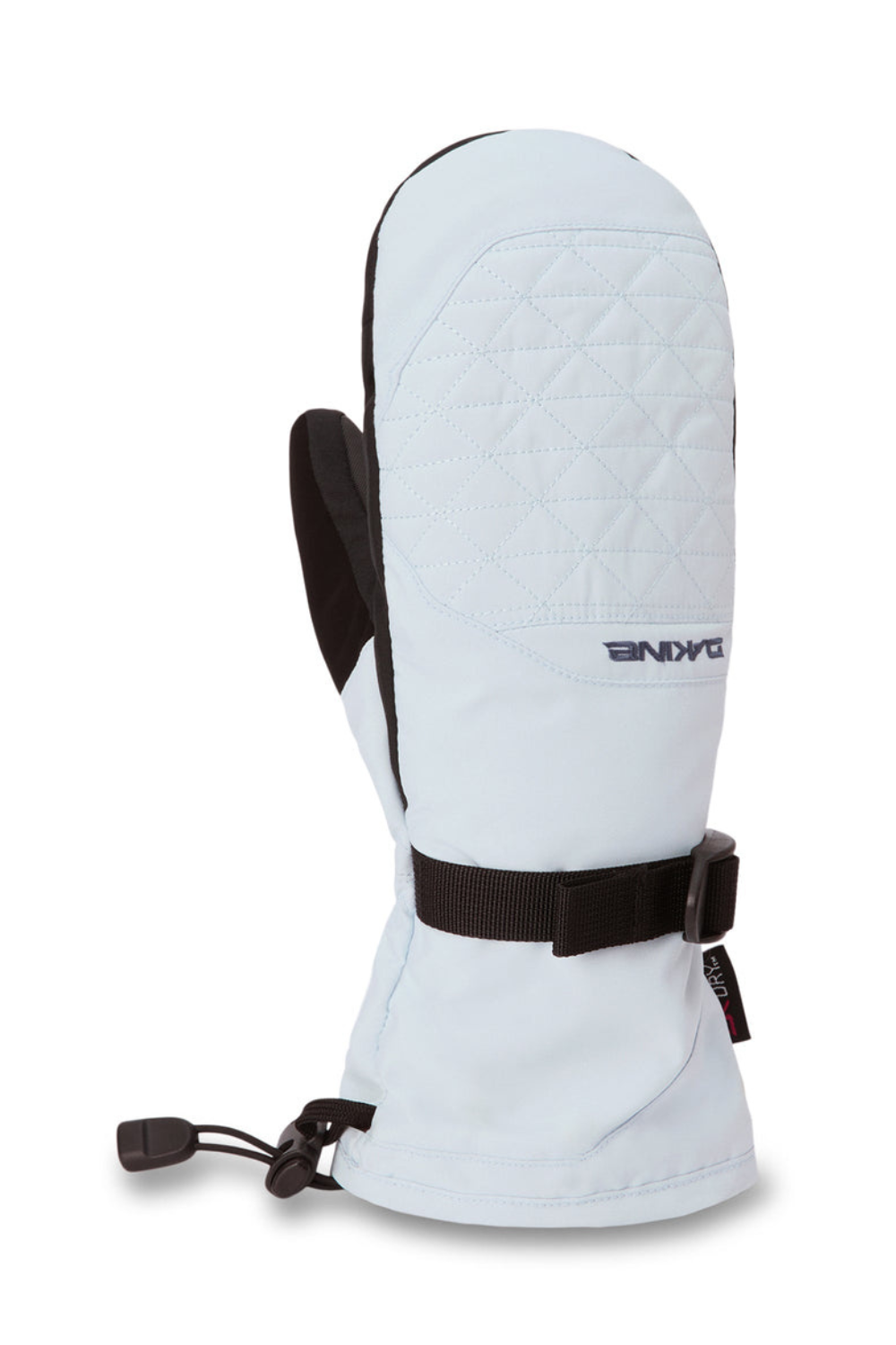 White ski mitt with black strap on a white background
