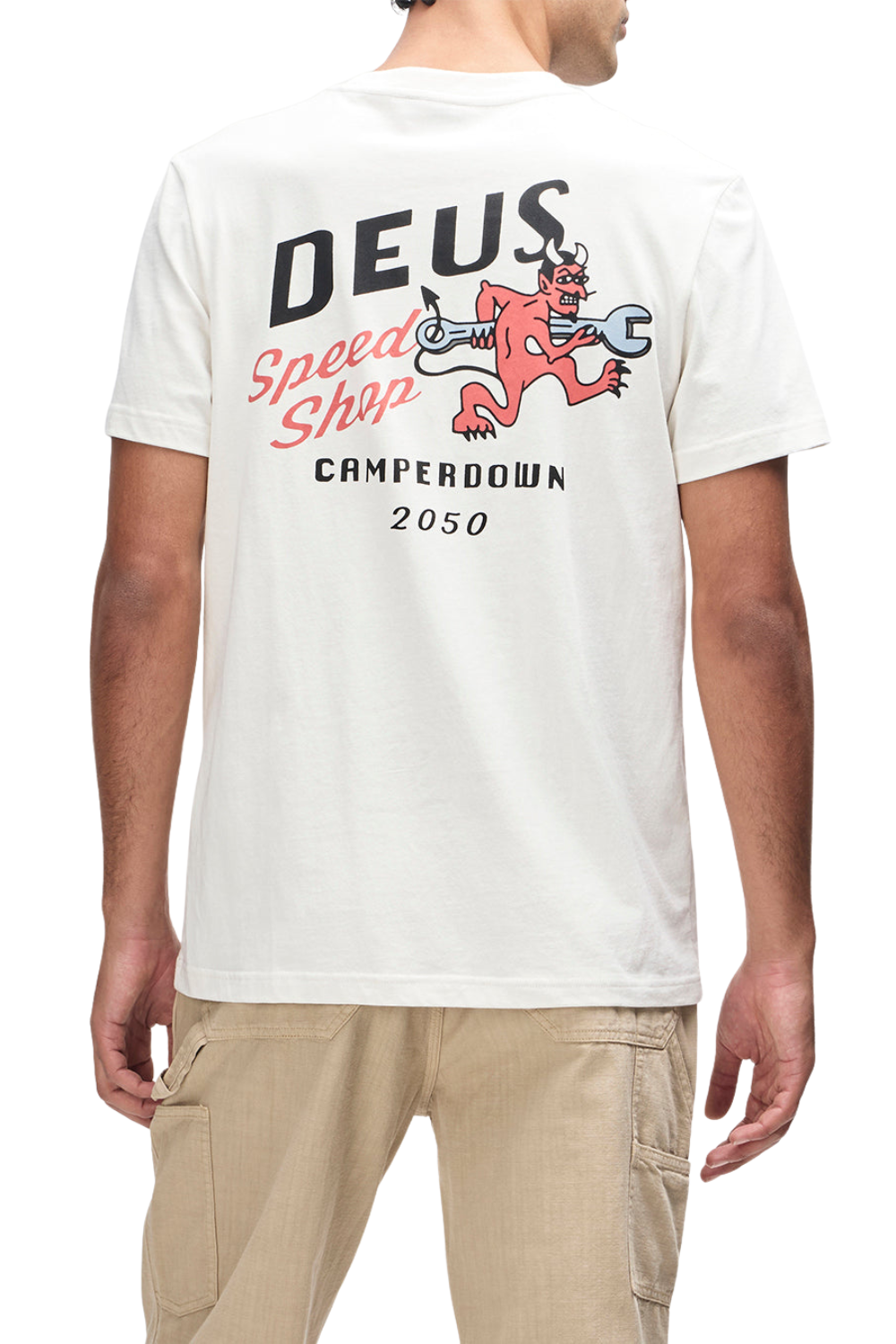 Person wearing a white t-shirt with a graphic design on a white background