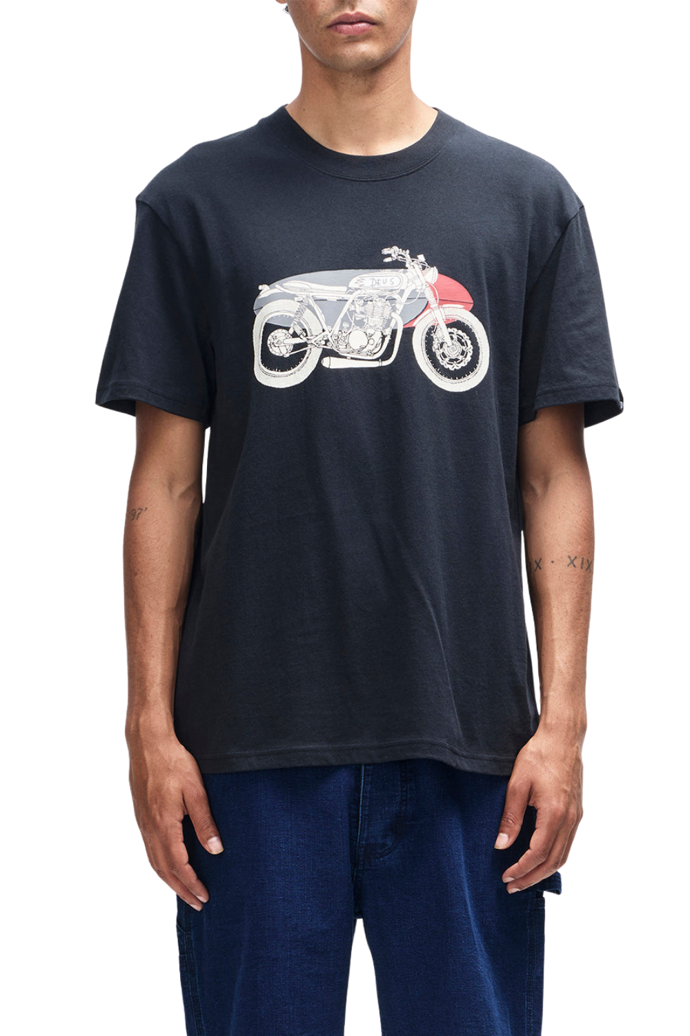 Person wearing a black T-Shirt with a motorbike graphic print on the front.