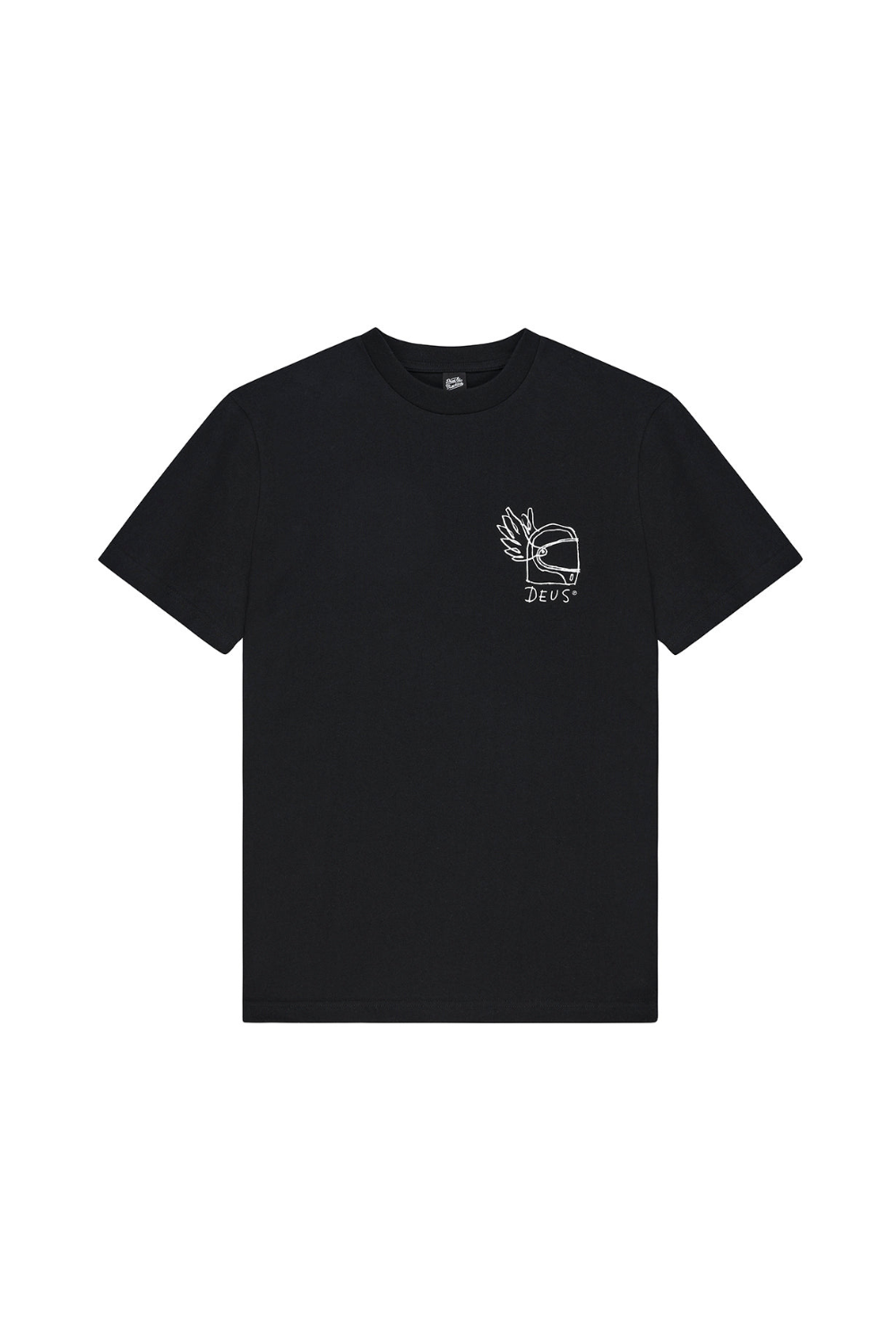 Black T-shirt with a graphic pront and Deus logo on the chest on a white background