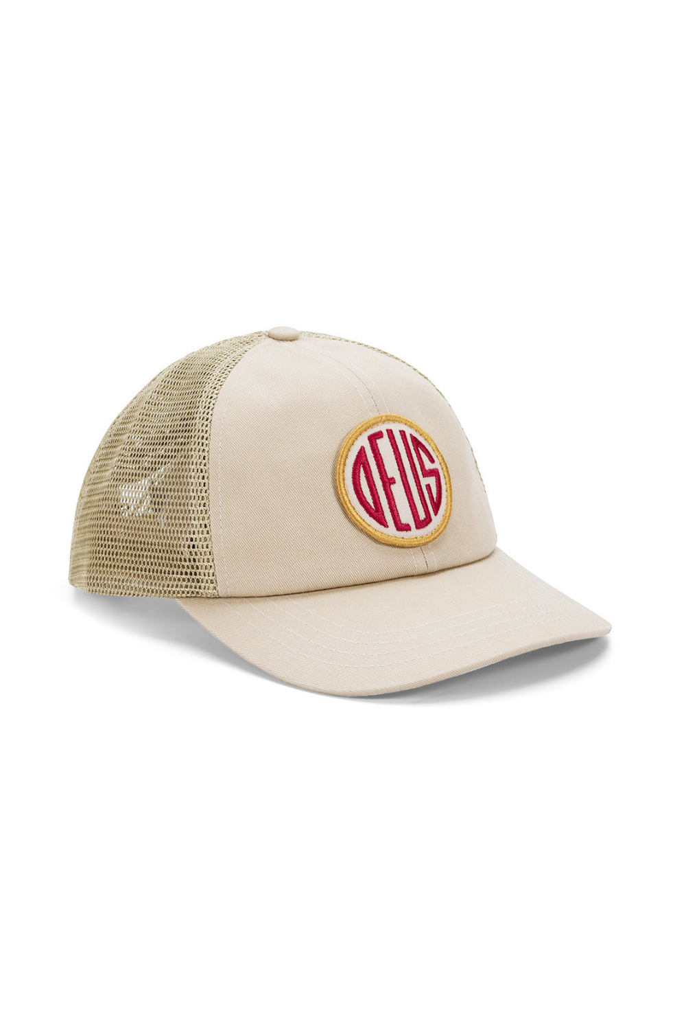 Beige cap with a red and yellow logo on a white background