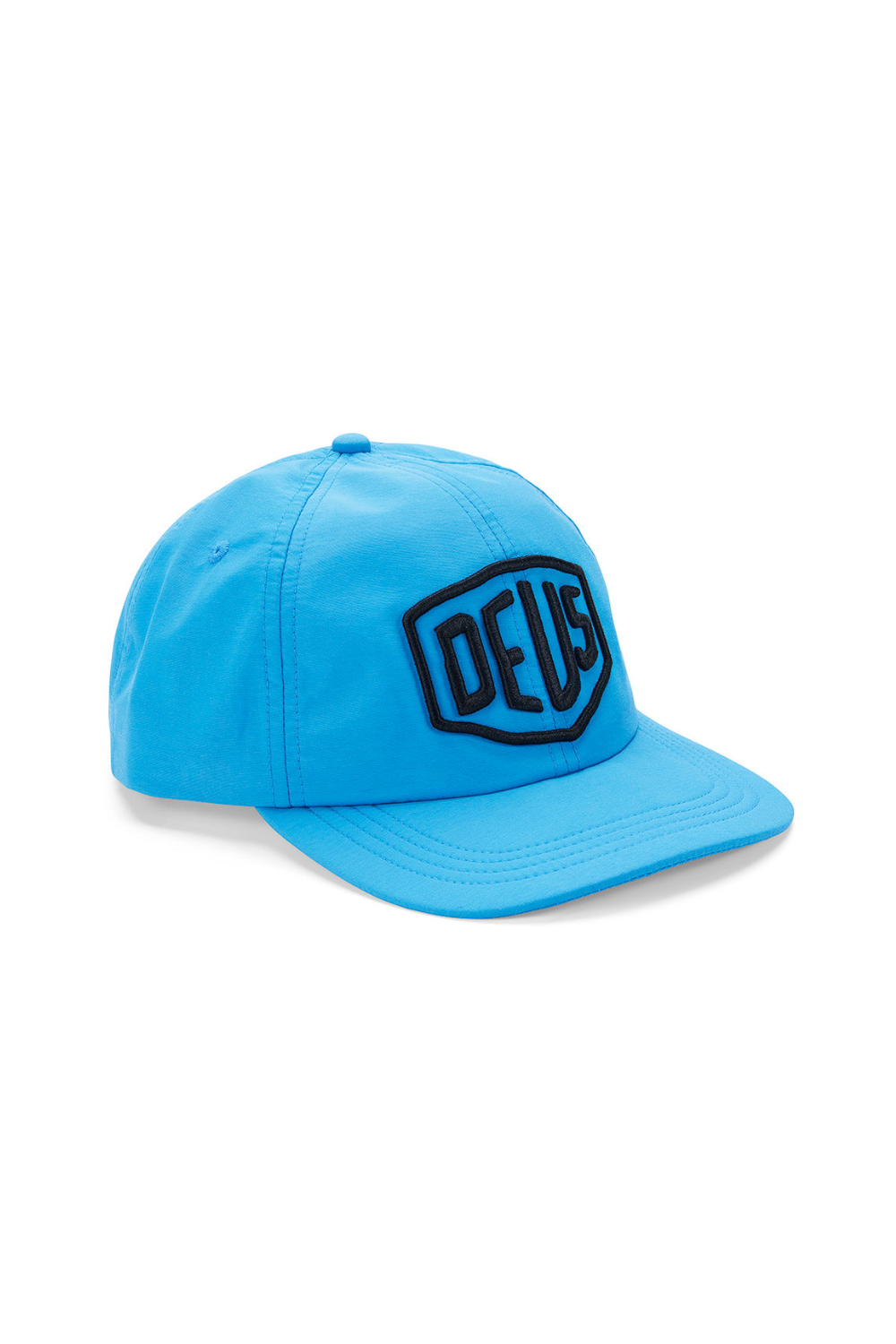 Blue cap with a black logo on a white background
