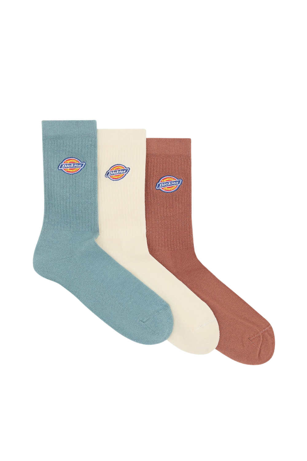 Three pairs of socks in blue, white, and brown with a brand logo on a white background.