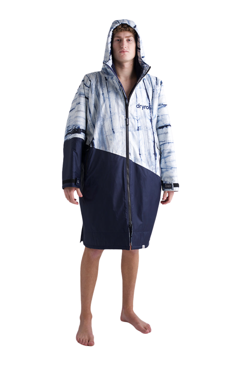 Person wearing a hooded raincoat with a visible brand logo on a white background