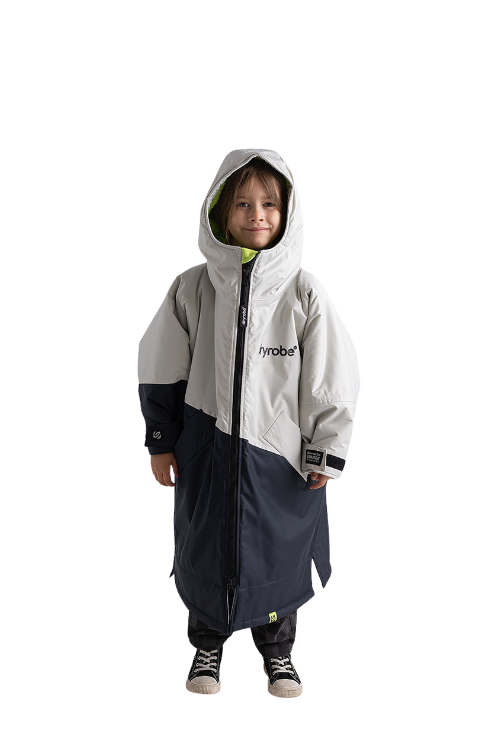 Child wearing a long sleeved Dryrobe/Changing Robe in Anthracite/Lime