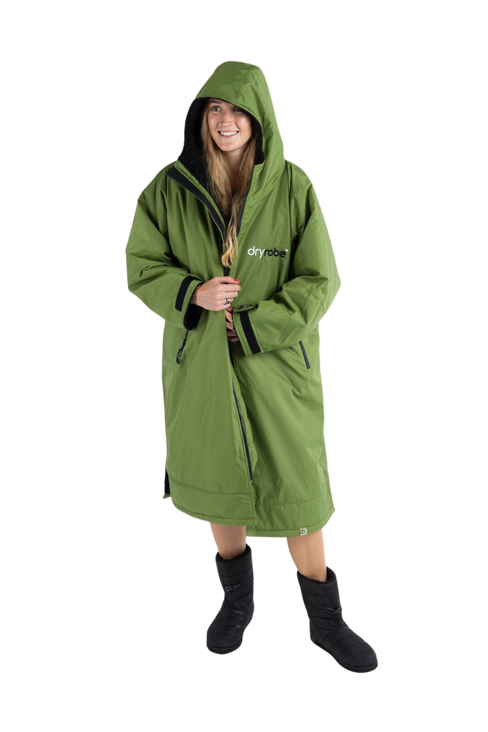 Person wearing a green dryrobe on a white background