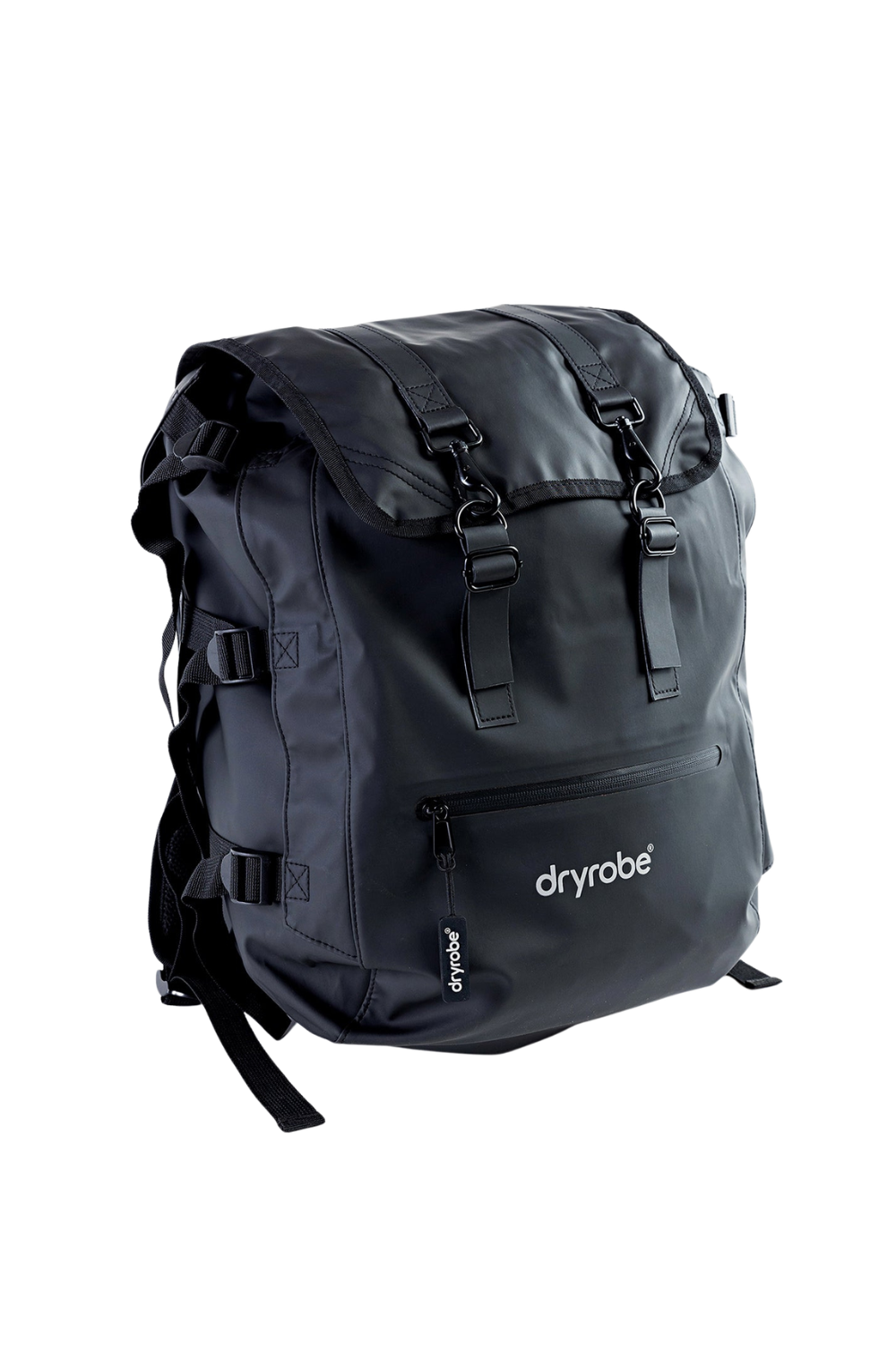 Black backpack with 'dryrobe' branding on a white background