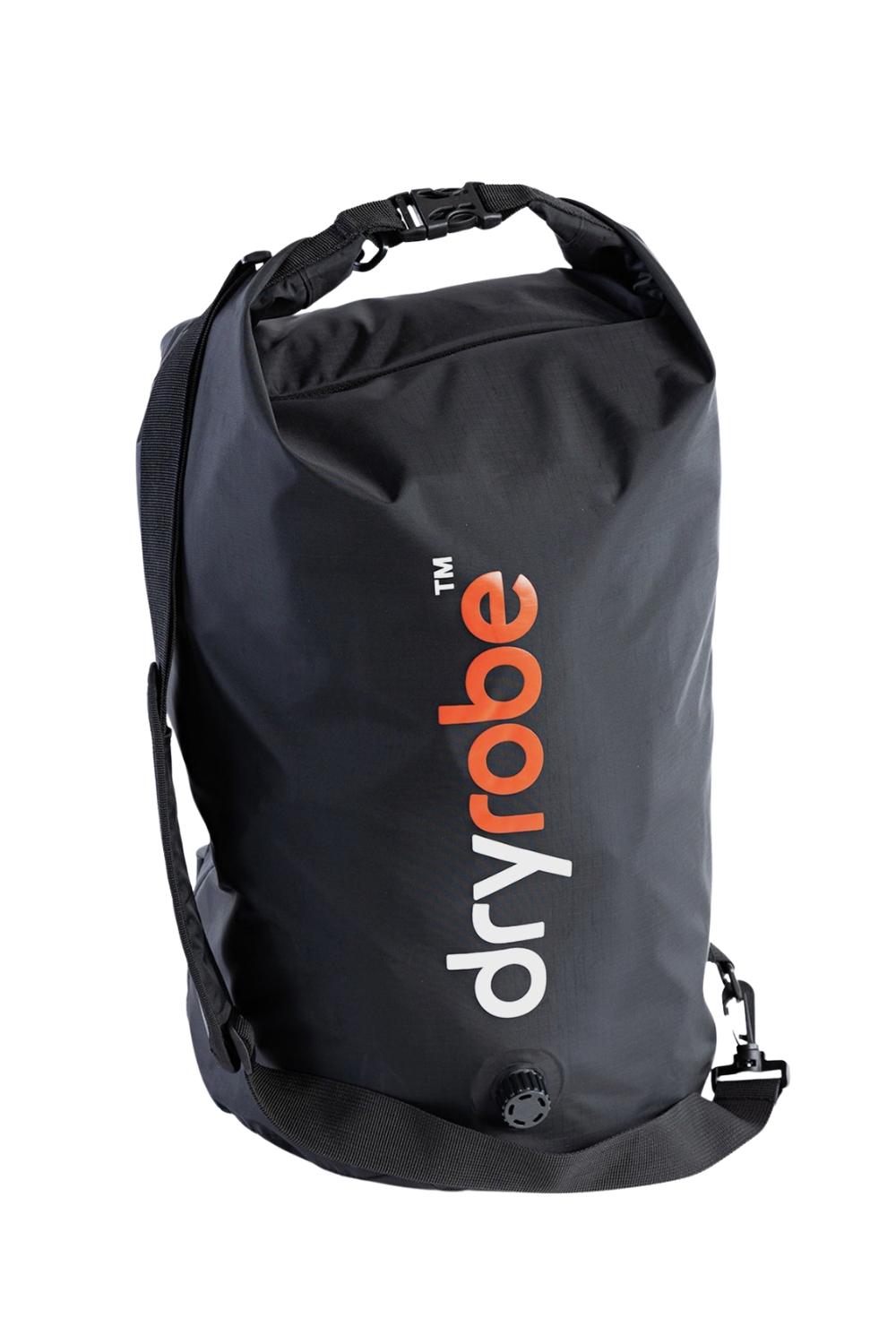 A black dry bag backpack with a top roll closure, shoulder strap, and a vertical 'dryrobe' logo printed on the front in white and orange, set against a plain white background.