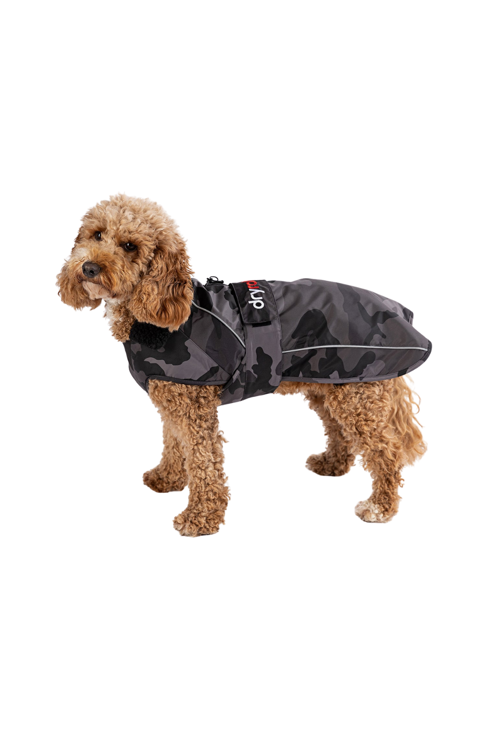 Black camo dog coat with Dryrobe logo