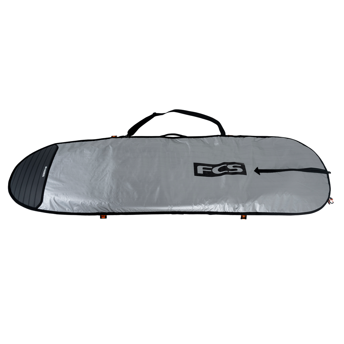 Gray surfboard bag with FCS logo on a white background