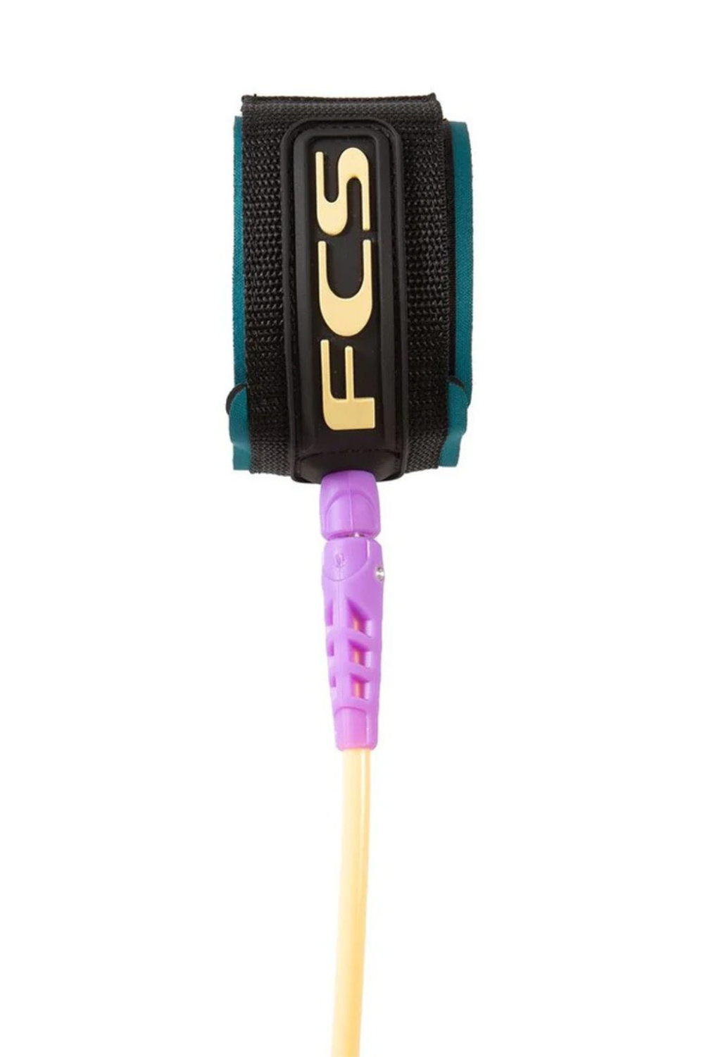 Multicoloured FCS branded surfboard leash on a white background