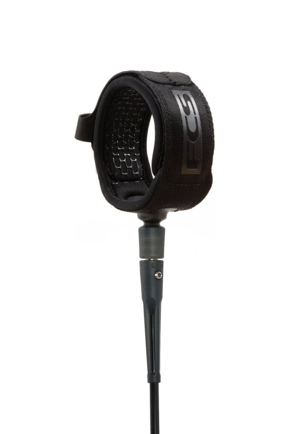 Black FCS surfboard leash on a white background.