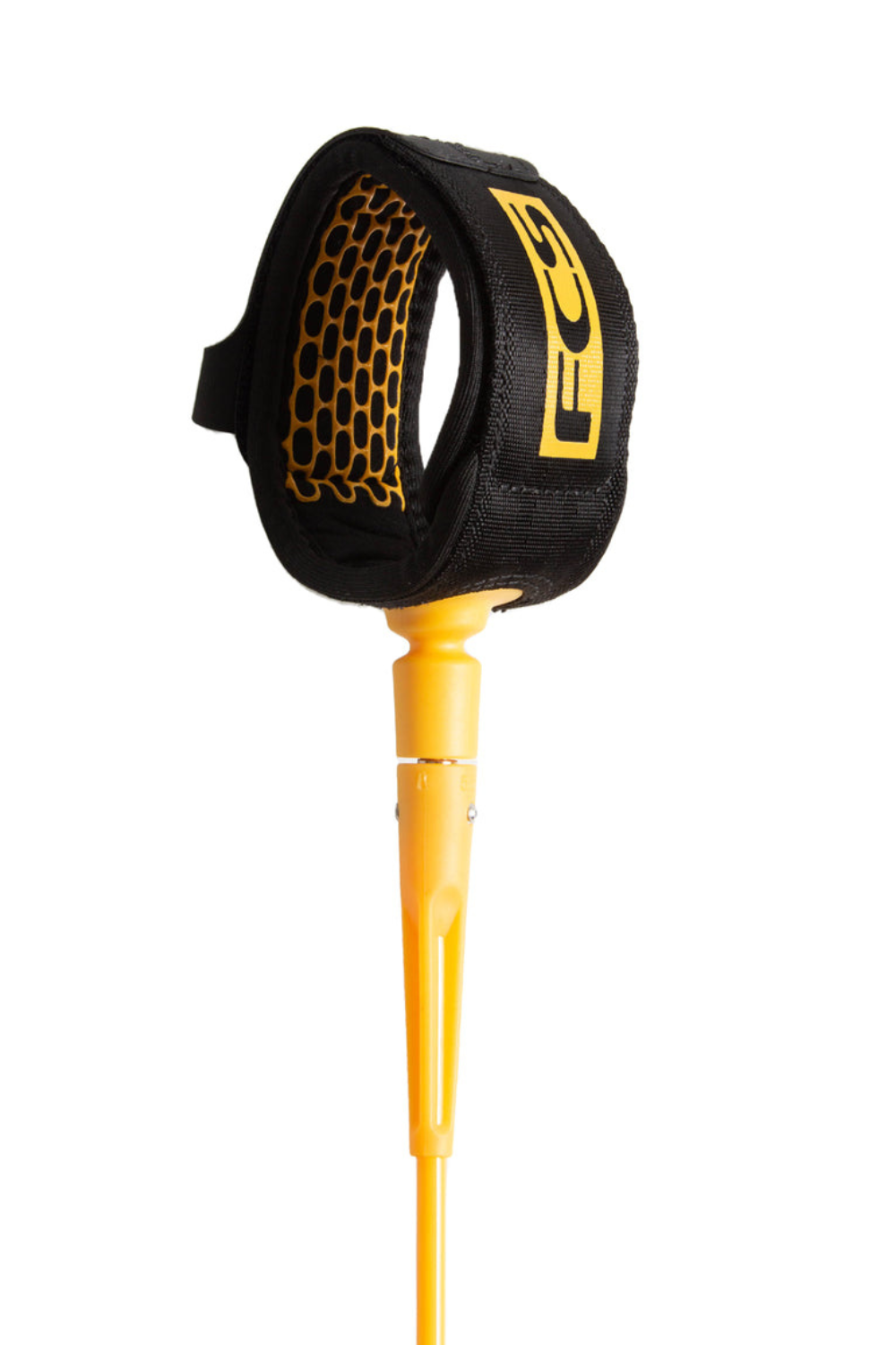 Yellow and black surfboard leash with a FCS logo.