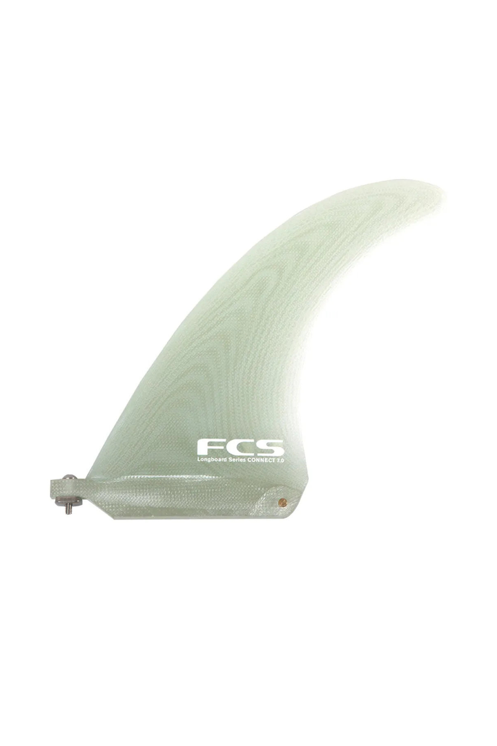 A single surfboard fin blade shown on a plain white background, with the FCS logo printed near the center.