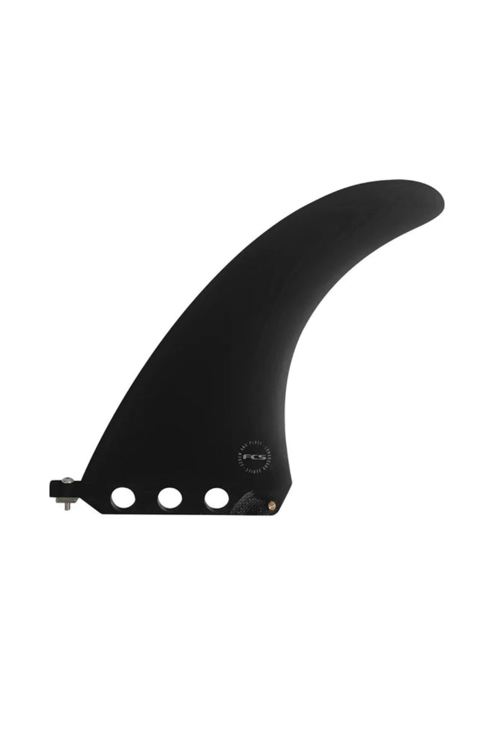 A black curved surfboard fin with a mounting hardware piece on the base, shown against a plain white background.