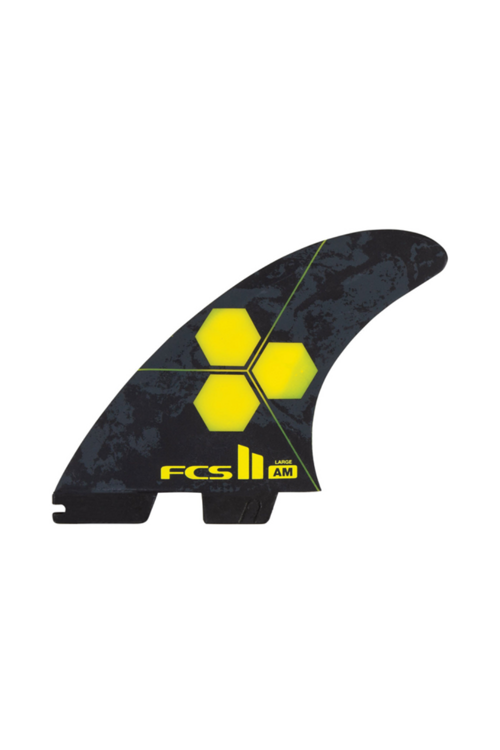 Black and yellow surfboard fin with FCS logo on a white background