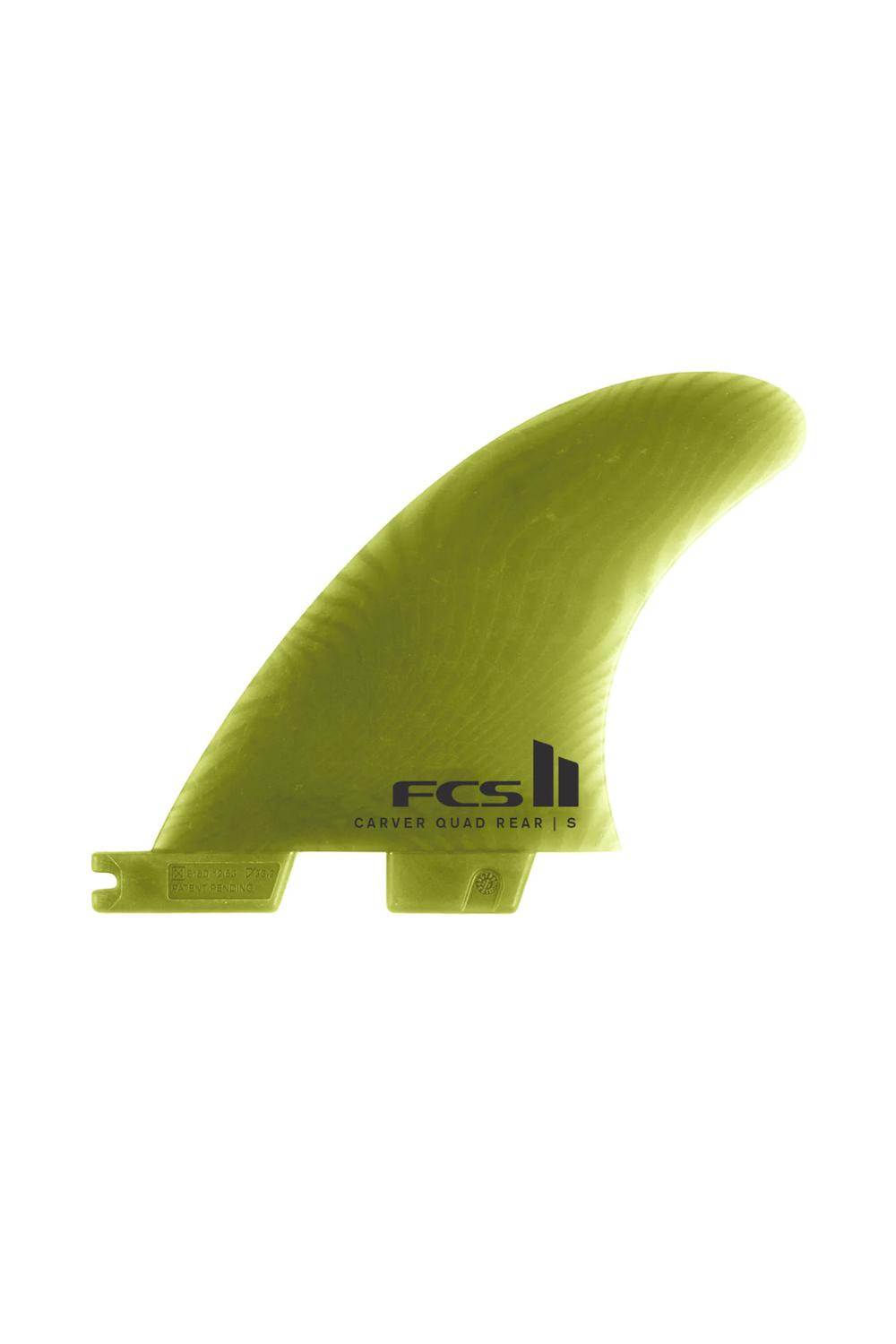Green surfboard fin with FCS logo on a white background