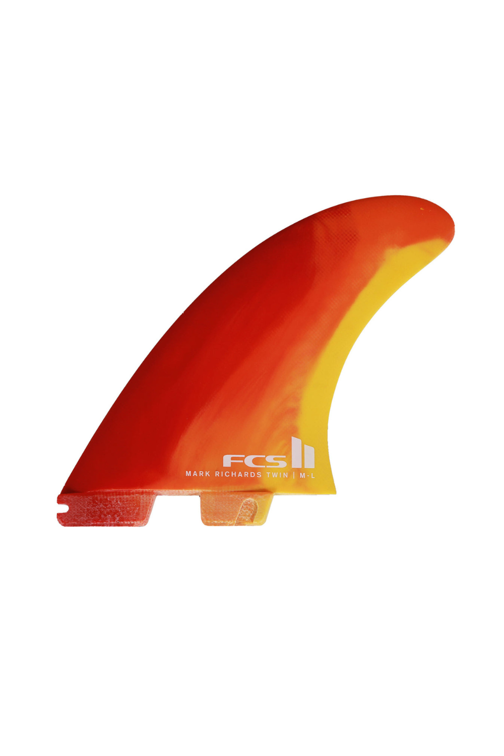 Orange and yellow surfboard fin with FCS logo on a white background