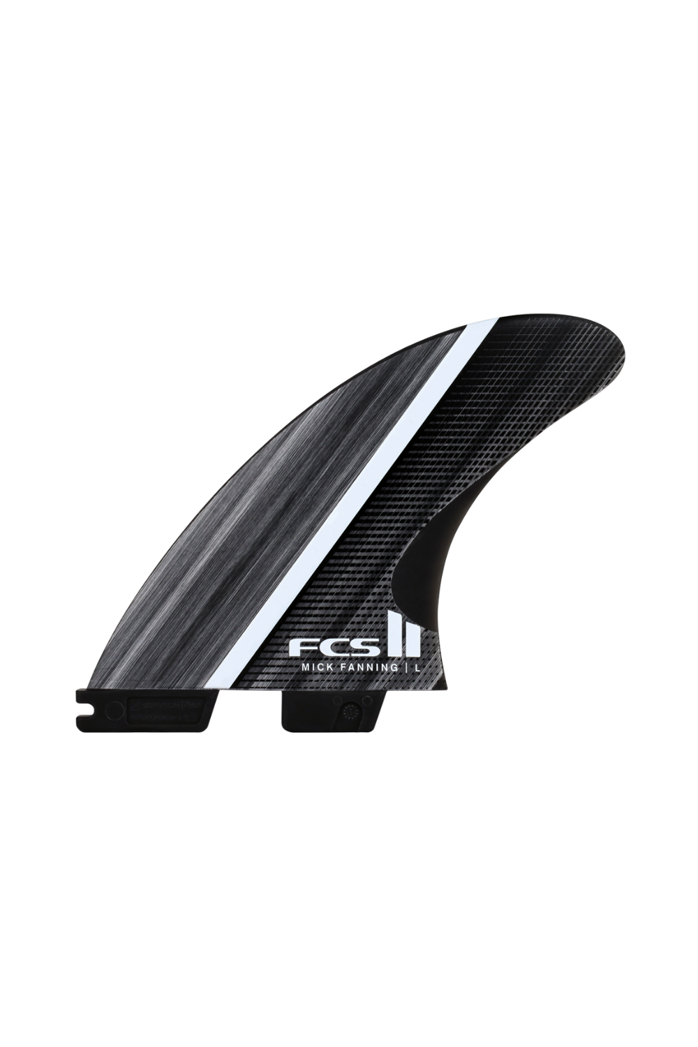 Carbon fiber surfboard fin with FCS logo on a white background