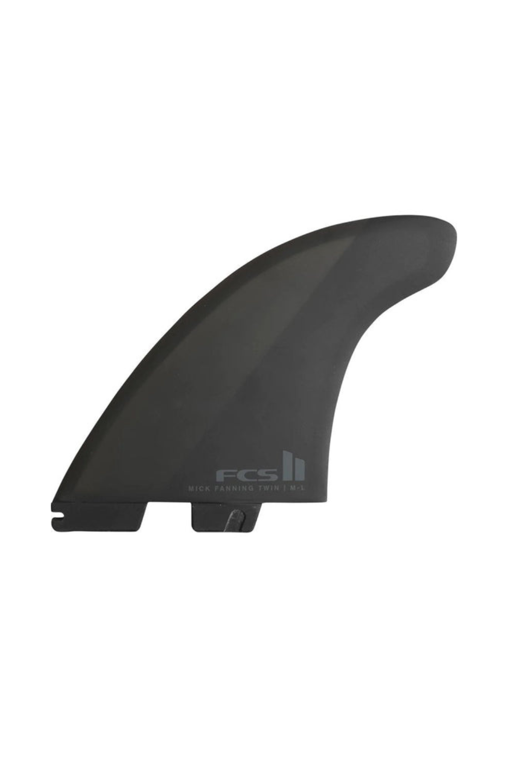 Black surfboard fin with FCS logo on a white background