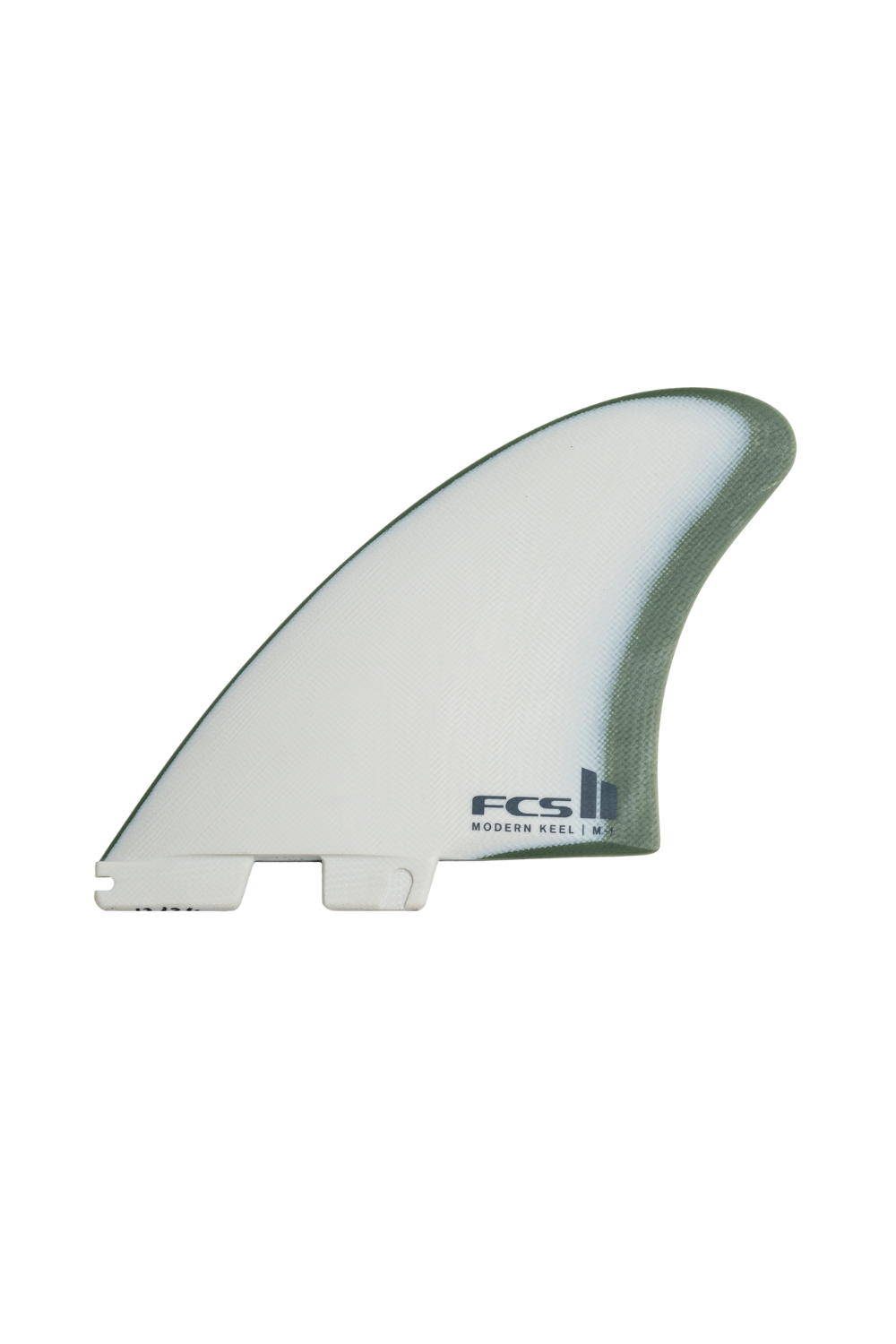 Surfboard fin in white and dark grey with a FCS logo