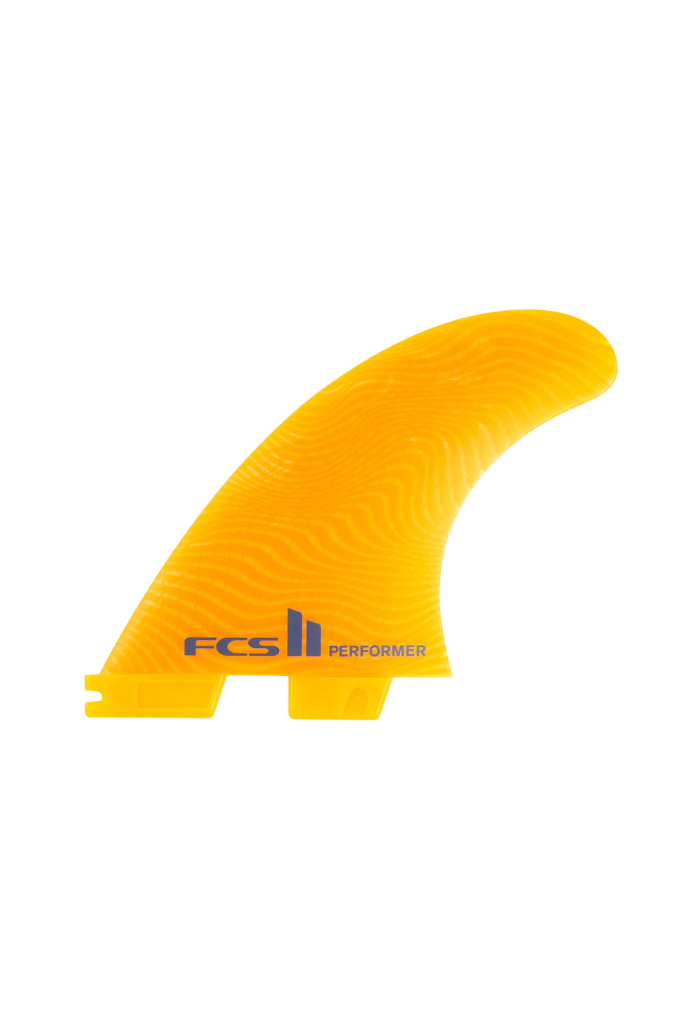 Yellow surfboard fin with 'FCS' branding on a white background