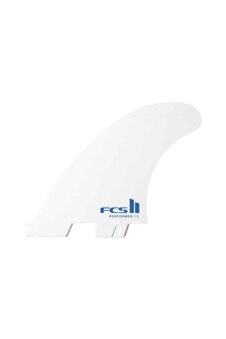 White surfboard fin with a blue FCS logo