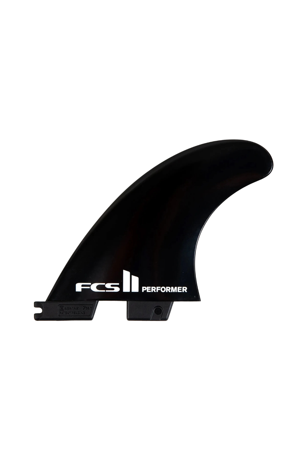 Black surf fin with 'FCS II Performer' branding on a white background