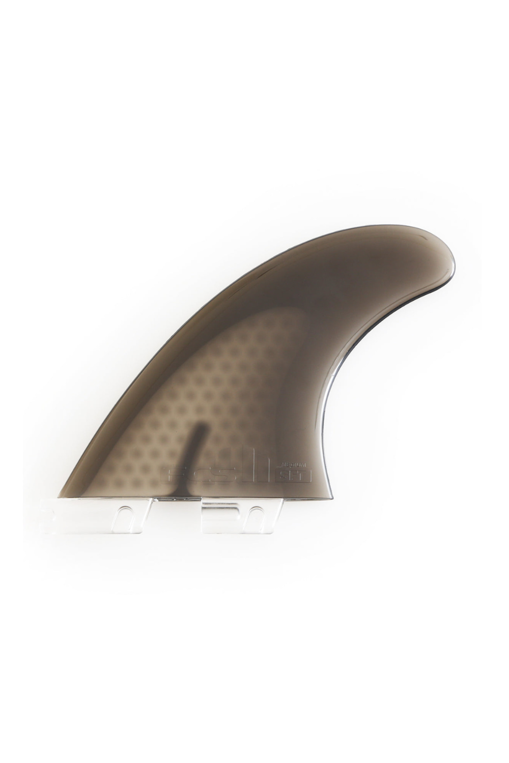 Surfboard fin with a textured surface on a white background