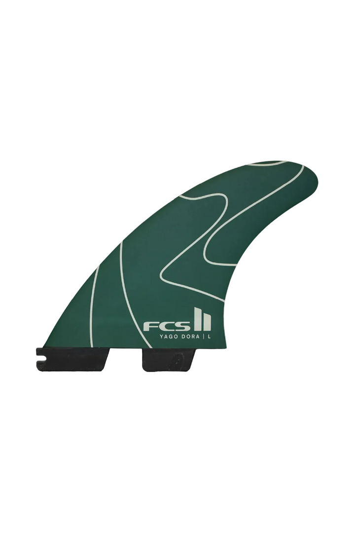 FCS II Yago Dora PC Tri Surfboard Fin Set in Green/Black