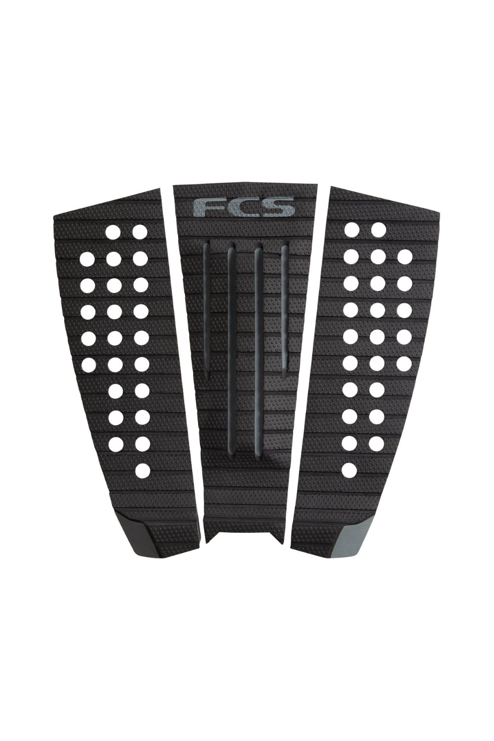 Black FCS surfboard tail pad with a central ribbed design and side patterns on a white background