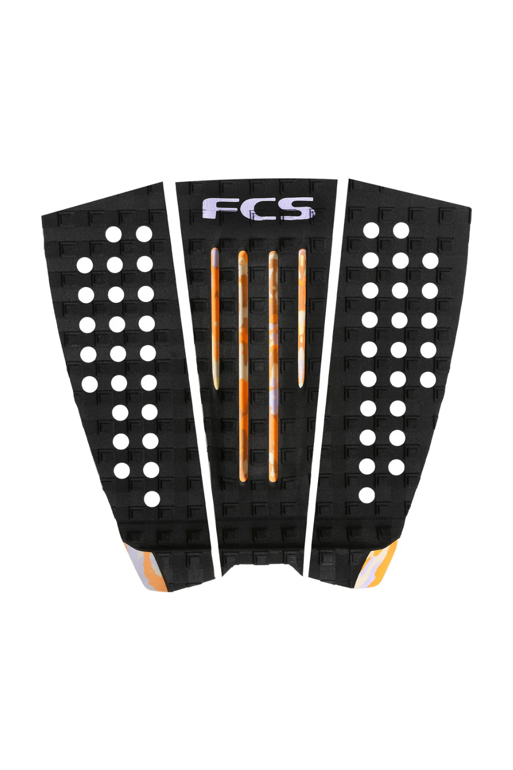 FCS surfboard tail pad with black and orange design on a white background